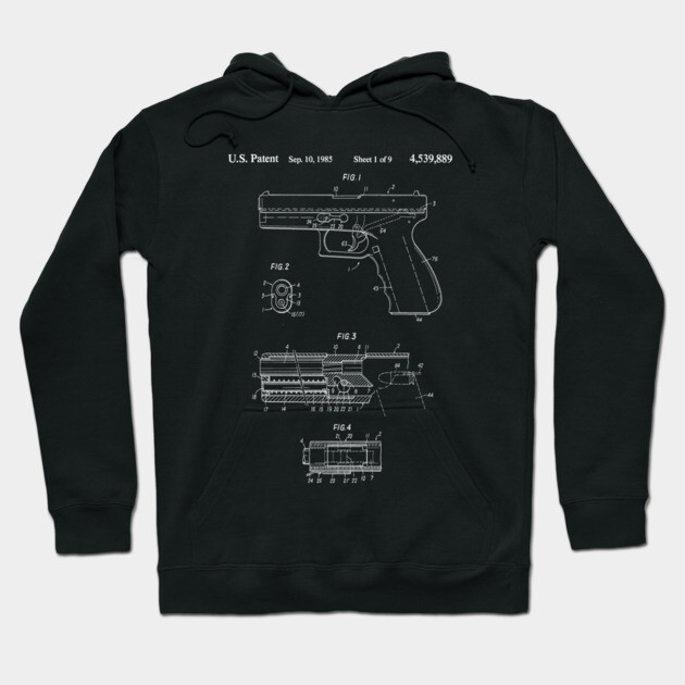 Black hoodie with vintage firearm patent print design, casual style, cotton fabric, perfect for everyday wear.