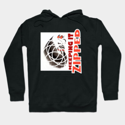 Black hoodie with graphic design and "Keeping It Zipped" text, casual style, soft cotton material.