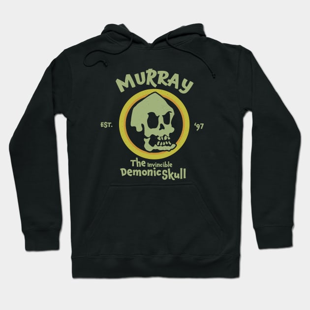 Black hoodie with vintage skull graphic, "Murray" text, cozy cotton material, perfect for casual wear and layering.