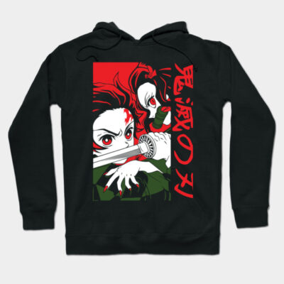 Black anime graphic hoodie with red and white design, featuring bold Japanese text, cotton material, unisex style.