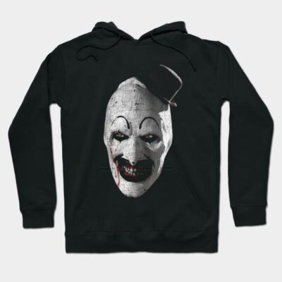 Black hoodie featuring a bold, artistic clown face graphic, perfect for casual wear and Halloween-themed outfits.