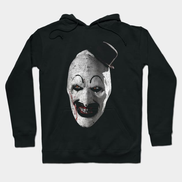 Black hoodie featuring a bold, artistic clown face graphic, perfect for casual wear and Halloween-themed outfits.
