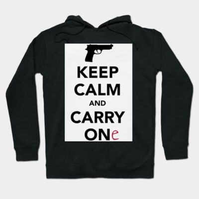 Black hoodie with "Keep Calm and Carry One" text and gun graphic, casual style, warm cotton material.