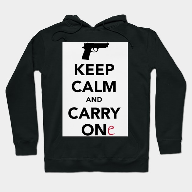 Black hoodie with "Keep Calm and Carry One" text and gun graphic, casual style, warm cotton material.