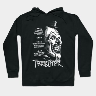Black graphic hoodie featuring horror theme and bold white text, perfect for casual wear and fans of spooky designs.