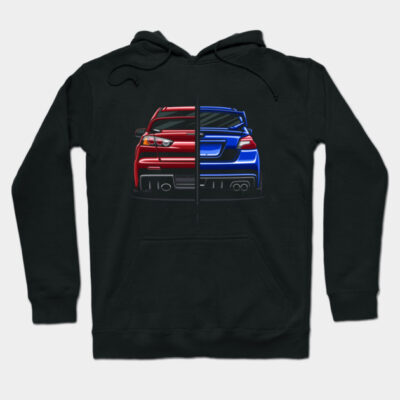 Black hoodie with red and blue car graphic, front view, cotton material, casual style, unisex, ideal for car enthusiasts.