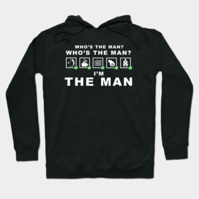 Black hoodie with "Who's the Man?" graphic design, unisex style, cotton material, casual wear.