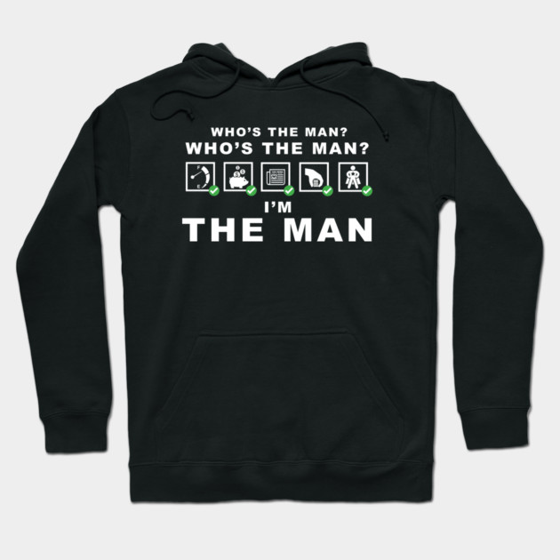 Black hoodie with "Who's the Man?" graphic design, unisex style, cotton material, casual wear.