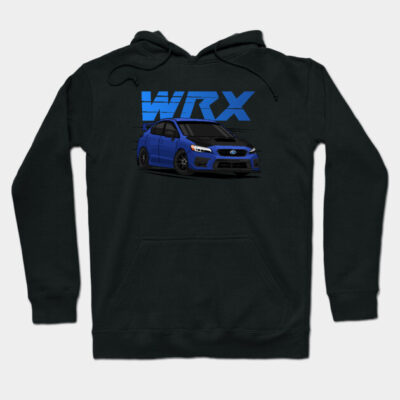 Black hoodie with blue car graphic and "WRX" text, casual style, perfect for car enthusiasts, cotton blend material.
