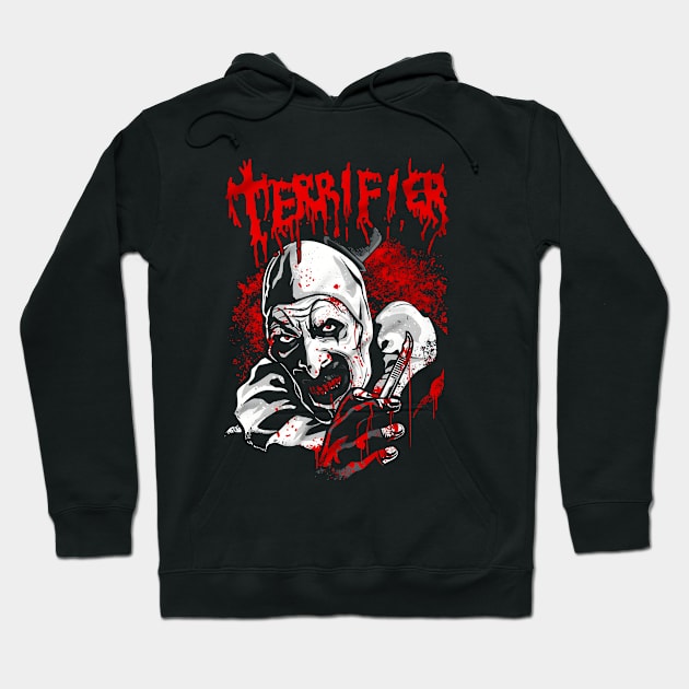 Black hoodie with horror graphic design, featuring bold red text and a menacing character. Perfect for Halloween.