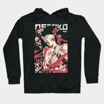 Black anime-themed hoodie with vibrant graphic design, featuring a character in red and white. Casual wear, cotton blend.