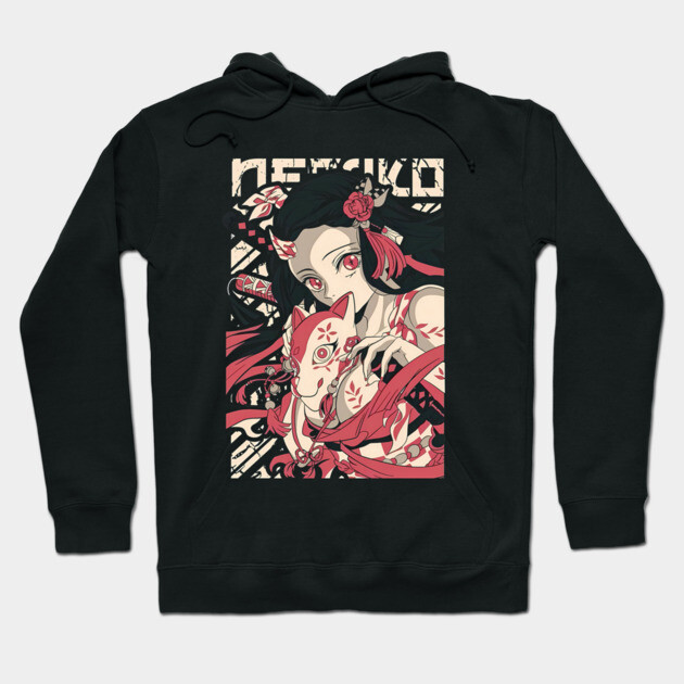 Black anime-themed hoodie with vibrant graphic design, featuring a character in red and white. Casual wear, cotton blend.