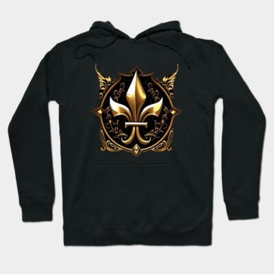 Black hoodie with gold fleur-de-lis emblem, unisex, cotton blend, casual wear, detailed design, front pocket.