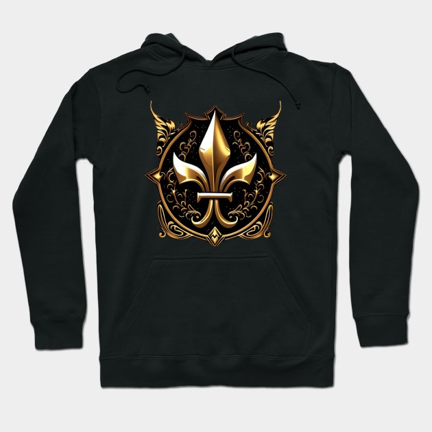Black hoodie with gold fleur-de-lis emblem, unisex, cotton blend, casual wear, detailed design, front pocket.