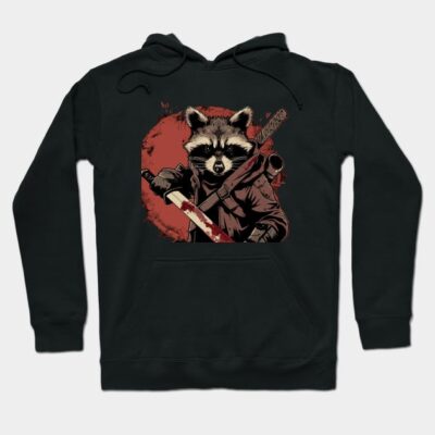 Black hoodie with raccoon and sword graphic, featuring red accents. Ideal for casual wear, cotton blend material.