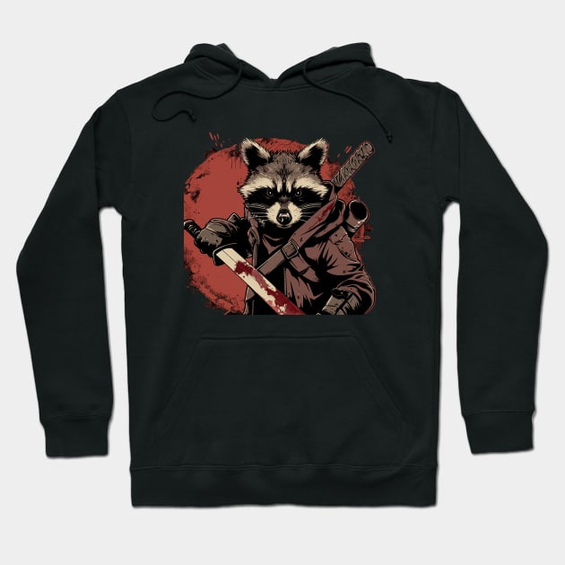 Black hoodie with raccoon and sword graphic, featuring red accents. Ideal for casual wear, cotton blend material.