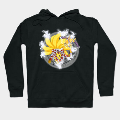 Black hoodie with vibrant anime-inspired design, featuring mystical creatures. Comfortable cotton blend for casual wear.
