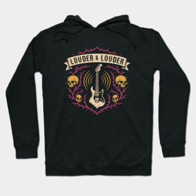 Black hoodie with electric guitar and skull design, "Louder & Louder" text, unisex casual wear, cotton blend.