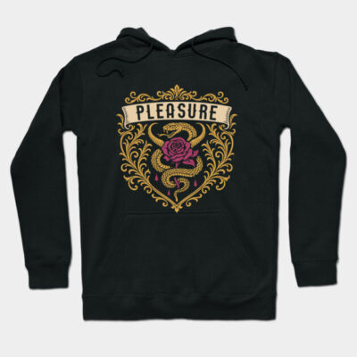 Black hoodie with ornate gold snake and rose design, "Pleasure" text, perfect for casual wear.