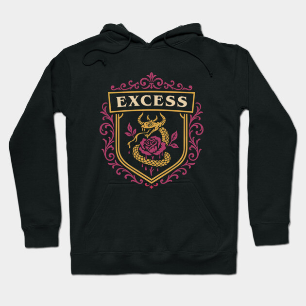 Black hoodie with bold "Excess" design, pink and gold ornate dragon and rose graphic, cotton blend, casual wear.
