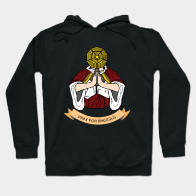 Black hoodie with unique graphic design and "Pray for RNGesus" text, casual style, comfortable cotton blend.