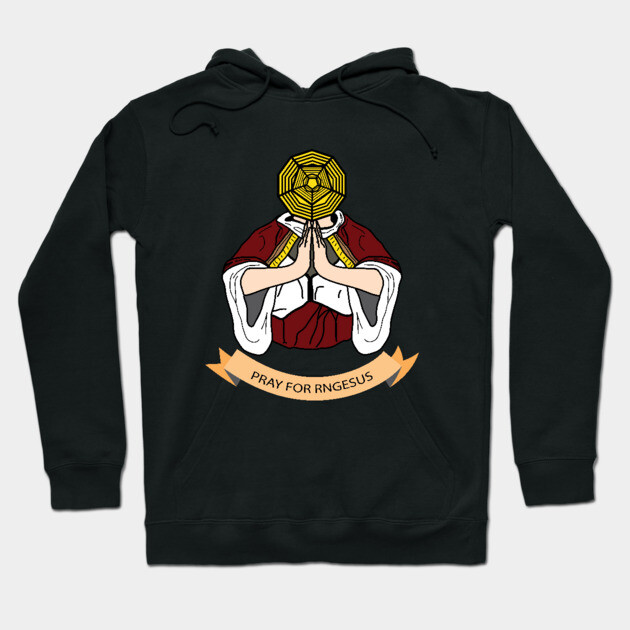 Black hoodie with unique graphic design and "Pray for RNGesus" text, casual style, comfortable cotton blend.