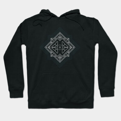 Black geometric design hoodie, casual style, cotton material, perfect for cool weather and everyday comfort.