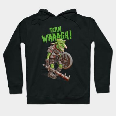 Black hoodie with "Team Waaagh" graphic, featuring green goblin warrior, perfect for casual wear or gaming fans.