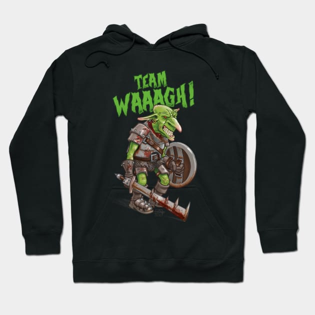 Black hoodie with "Team Waaagh" graphic, featuring green goblin warrior, perfect for casual wear or gaming fans.