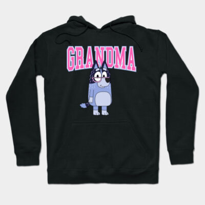 Black hoodie with "Grandma" text and cartoon character, casual wear, comfortable cotton material, unisex style.