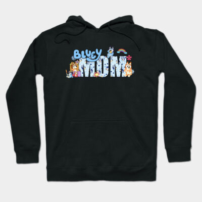 Black "Bluey Mum" hoodie, playful print, cozy cotton blend, casual wear. Perfect for fans and everyday comfort.