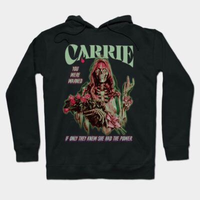 Black hoodie with horror-themed graphic design, featuring green and red text and illustration, perfect for casual wear.