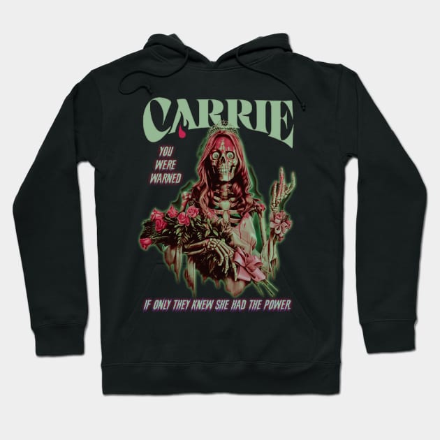 Black hoodie with horror-themed graphic design, featuring green and red text and illustration, perfect for casual wear.