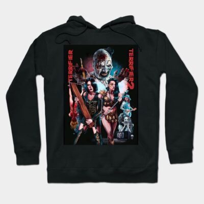 Black hoodie featuring a vibrant horror movie collage design, perfect for fans of thriller genres and casual wear.