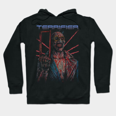 Black "Terrifier" graphic hoodie, horror-themed design, cotton material, perfect for casual wear and Halloween events.