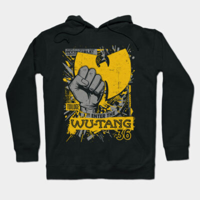 Black graphic hoodie with yellow emblem and text design, perfect for casual wear. Comfortable cotton blend material.