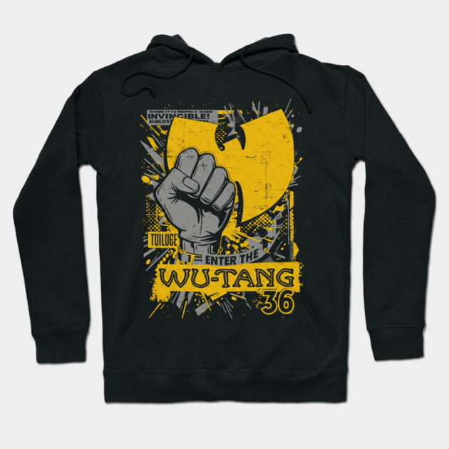 Black graphic hoodie with yellow emblem and text design, perfect for casual wear. Comfortable cotton blend material.