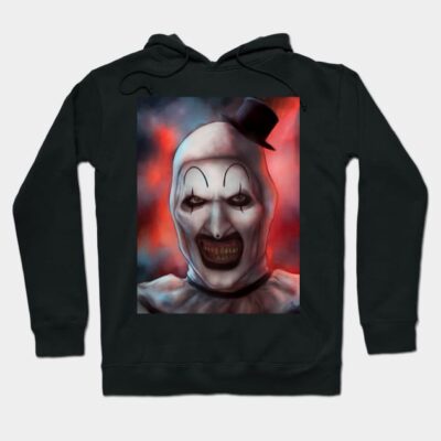Black hoodie with a creepy clown print, featuring vibrant colors. Perfect for Halloween or themed events. Cotton material.