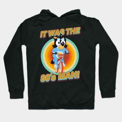 Black hoodie with retro cartoon design and text "It Was the 80's Man!", perfect for casual wear or themed events.