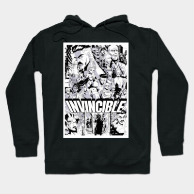 Black "Invincible" graphic hoodie, featuring comic book style artwork, perfect for casual wear and fans of graphic novels.