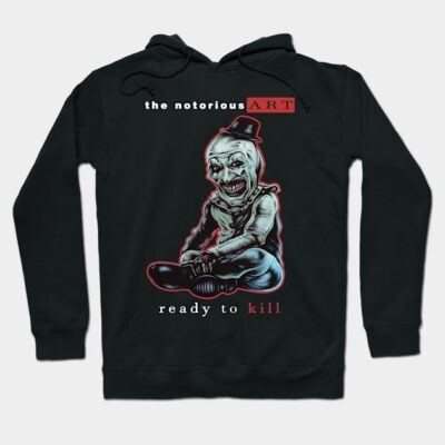 Black graphic hoodie with horror-themed artwork, featuring text "the notorious art" and "ready to kill," cotton material.
