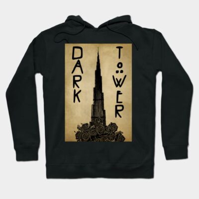 Black hoodie with "Dark Tower" graphic, featuring a tower and roses, soft material, perfect for casual wear.