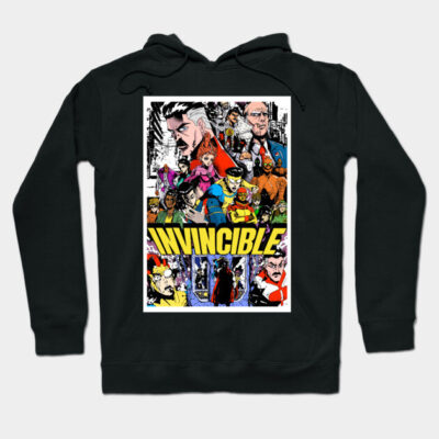 Black hoodie featuring colorful comic book characters and "Invincible" text, perfect for casual wear.