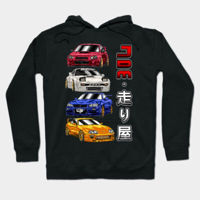 Black hoodie with colorful sports car graphics and Japanese text, featuring red, white, blue, and yellow cars.