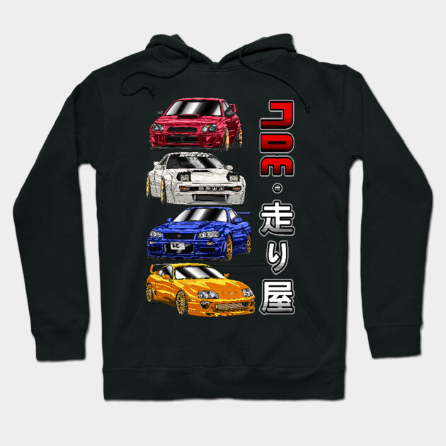 Black hoodie with colorful sports car graphics and Japanese text, featuring red, white, blue, and yellow cars.