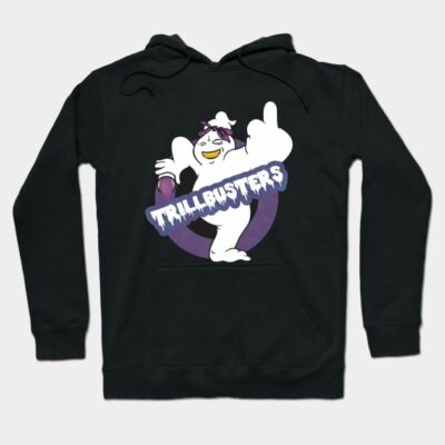 Black hoodie with Trillbusters graphic design, casual style, cotton blend, perfect for everyday wear.
