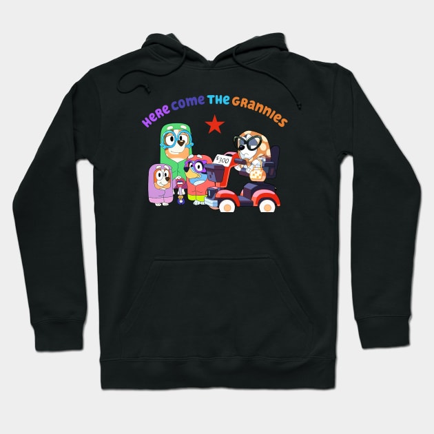 Black hoodie with colorful cartoon characters and "Here Come the Grannies" text; cozy casual wear.
