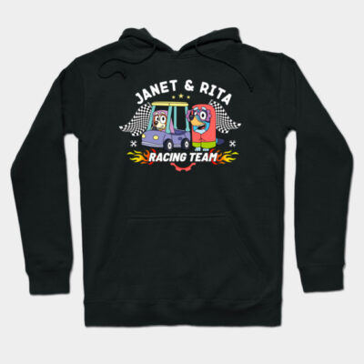 Black hoodie with cartoon racing team design, featuring colorful cars and checkered flags, ideal for casual wear.