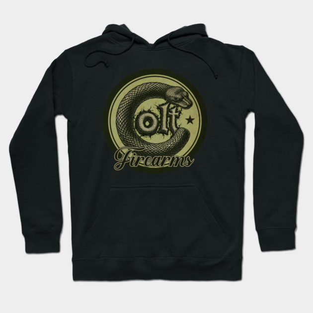 Black hoodie with vintage snake graphic and "Colt Firearms" text, perfect for casual wear. Cotton-blend material.