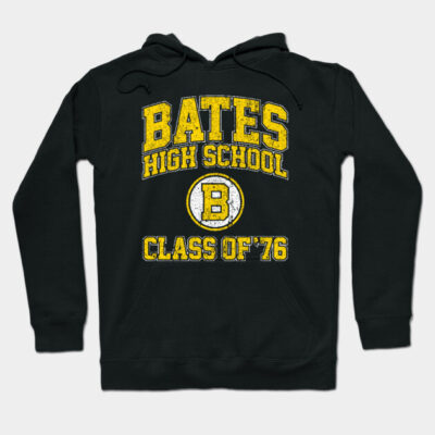 Black "Bates High School Class of '76" hoodie with yellow text, cotton blend, casual style.